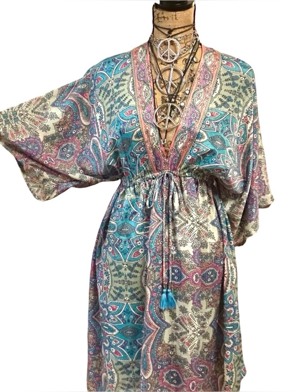 Festival Boho Paisley SHORT KIMONO STYLE DRESS - Teal Multi - OS - 70% SILK - Picture 15 of 17